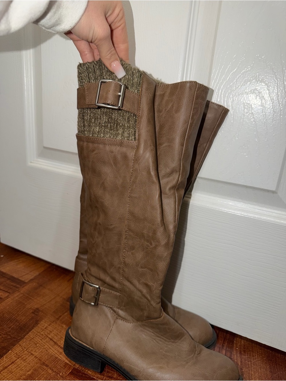 Brown Knee-High Riding Boots with Knit Cuff